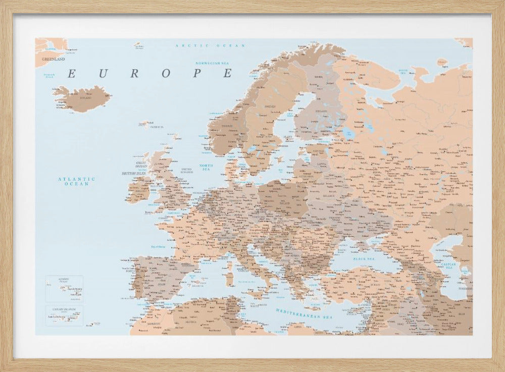 Neutral detaljerad karta av Europa - Poster / Art Print