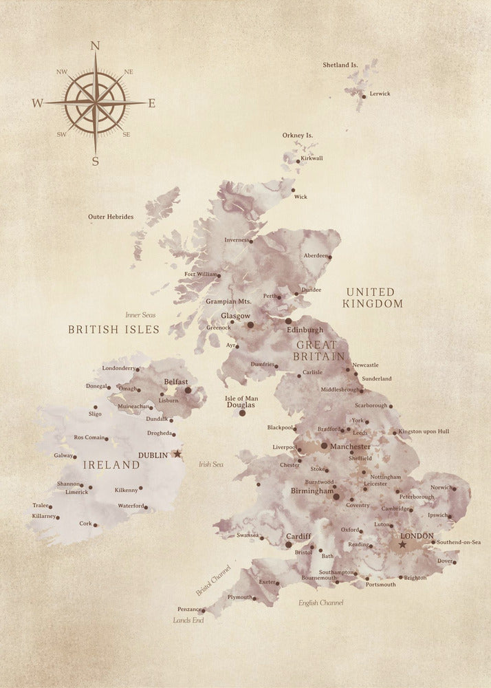 Sepia karta av Storbritannien - Poster / Art Print