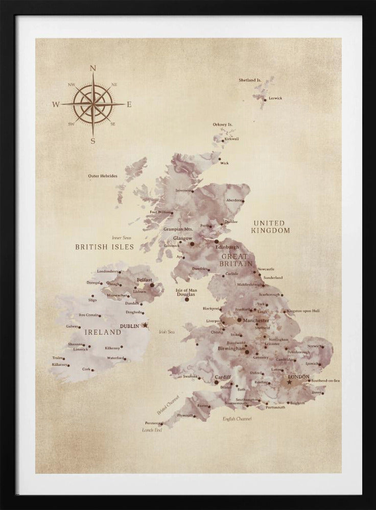 Sepia karta av Storbritannien - Poster / Art Print