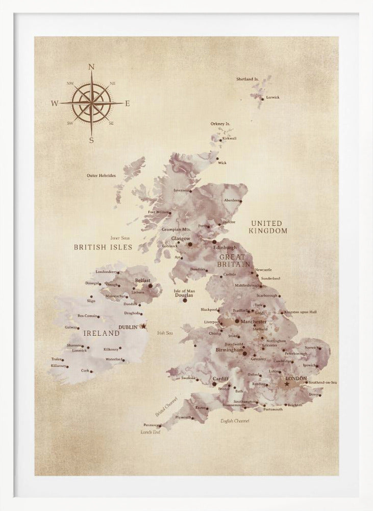 Sepia karta av Storbritannien - Poster / Art Print