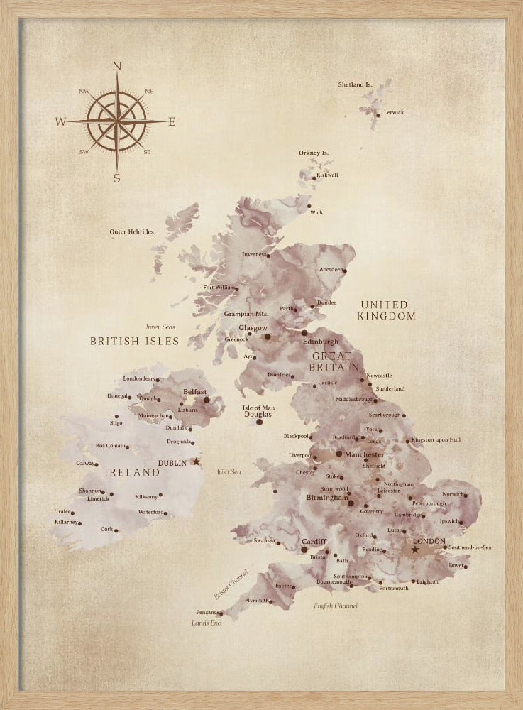 Sepia karta av Storbritannien - Poster / Art Print