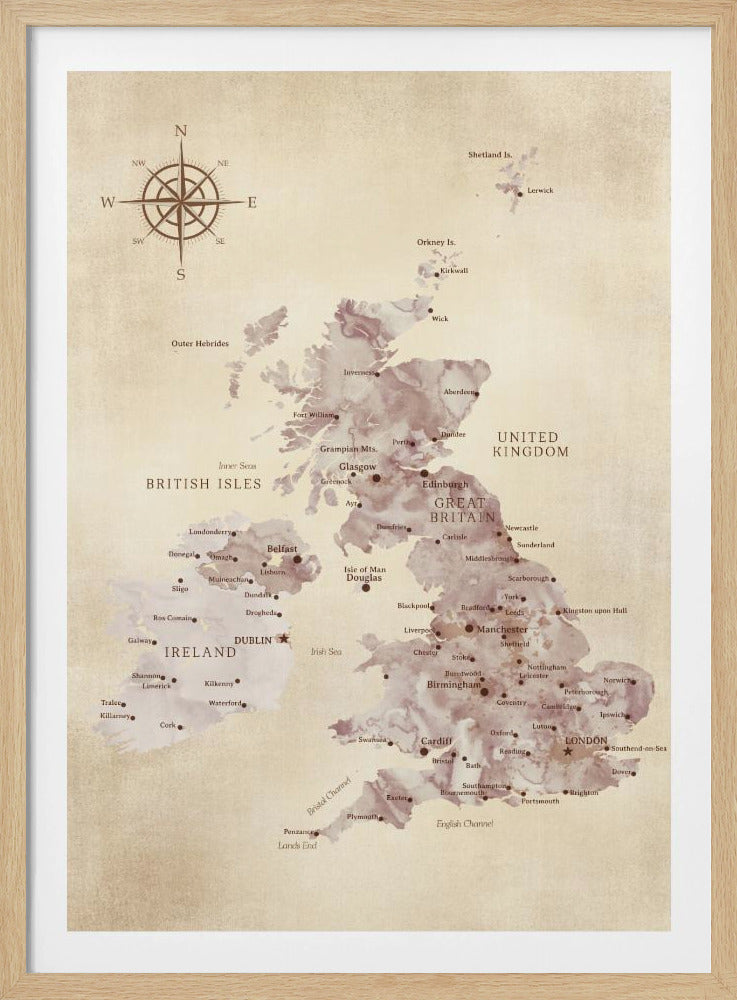 Sepia karta av Storbritannien - Poster / Art Print