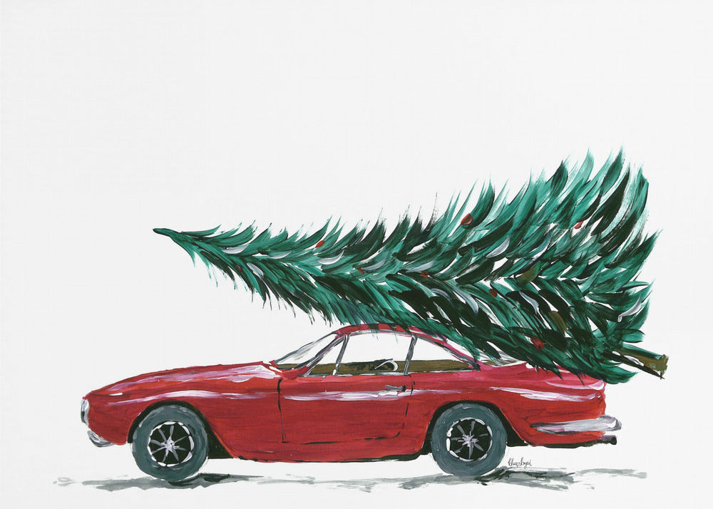 Eighties car carrying a Christmas tree - Poster / Art Print