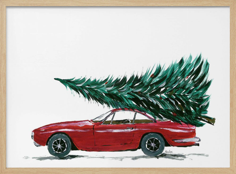 Eighties car carrying a Christmas tree - Poster / Art Print