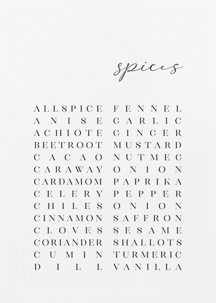List of spices - Poster / Art Print