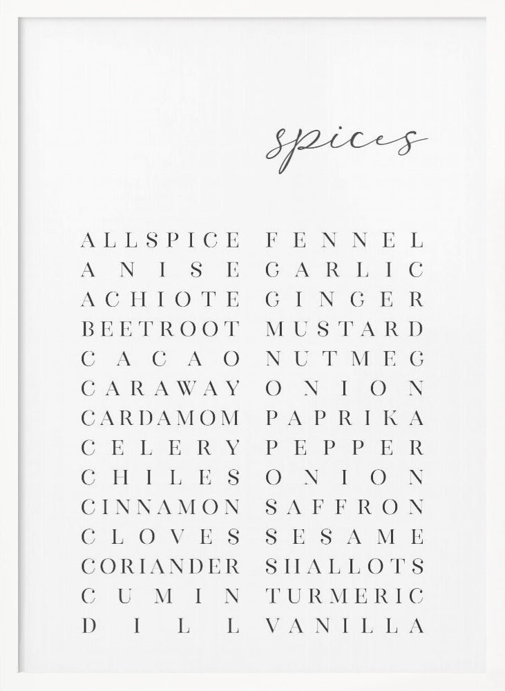 List of spices - Poster / Art Print