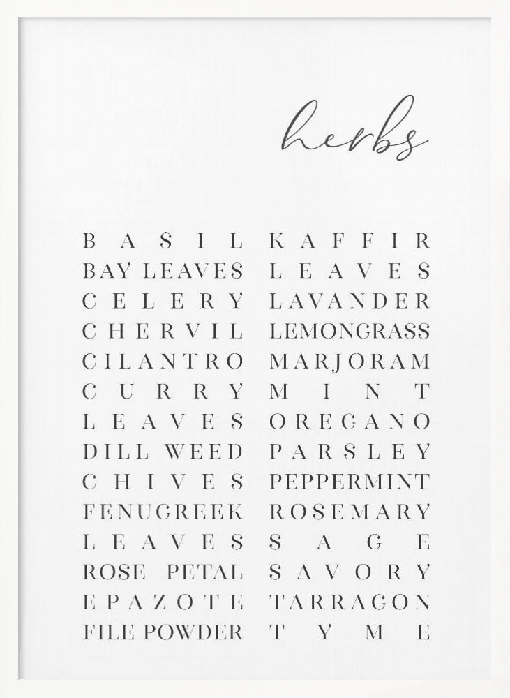 List of herbs - Poster / Art Print