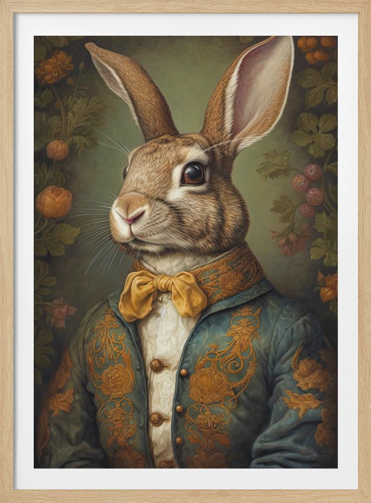 A classic portrait painting of a brown rabbit dressed as a gentleman. The rabbit wears a fancy blue-green jacket with gold embroidery, a white ruffled shirt, and a gold bow tie. The background is a muted green with subtle floral elements. Print