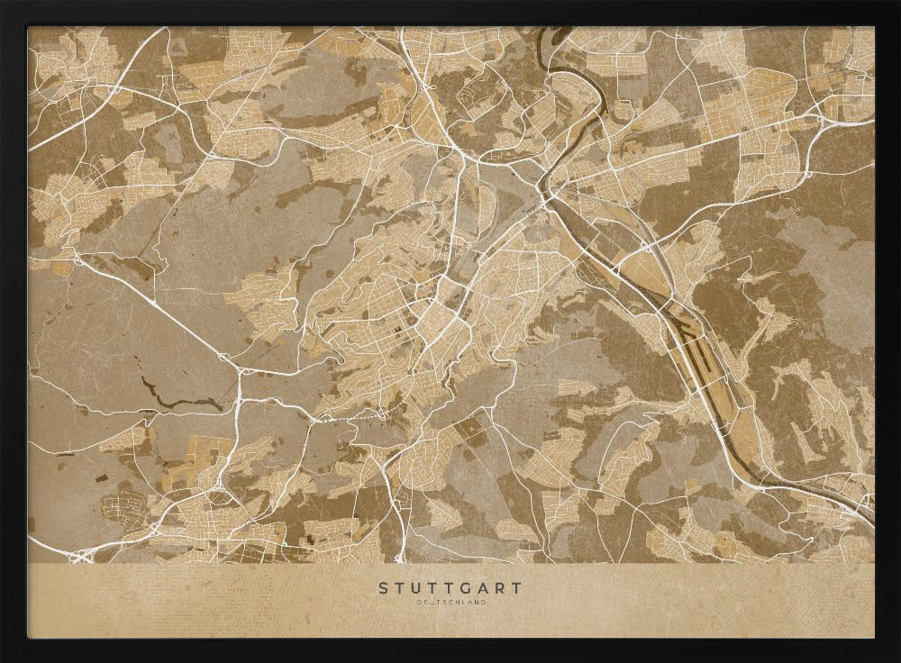 Sepia vintage karta av Stuttgart innerstad i Tyskland - Poster / Art Print