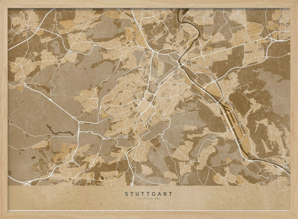 Sepia vintage karta av Stuttgart innerstad i Tyskland - Poster / Art Print