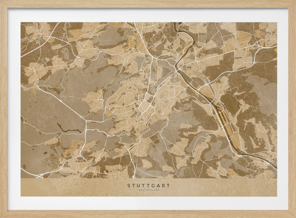 Sepia vintage karta av Stuttgart innerstad i Tyskland - Poster / Art Print