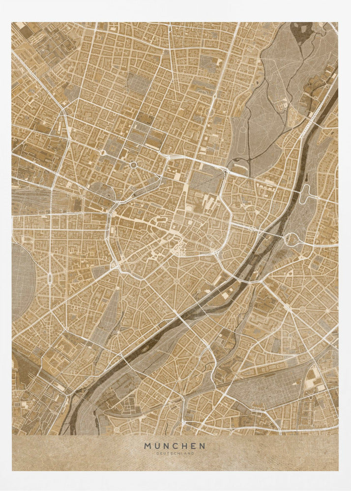 Sepia vintage karta av München innerstad i Tyskland - Poster / Art Print