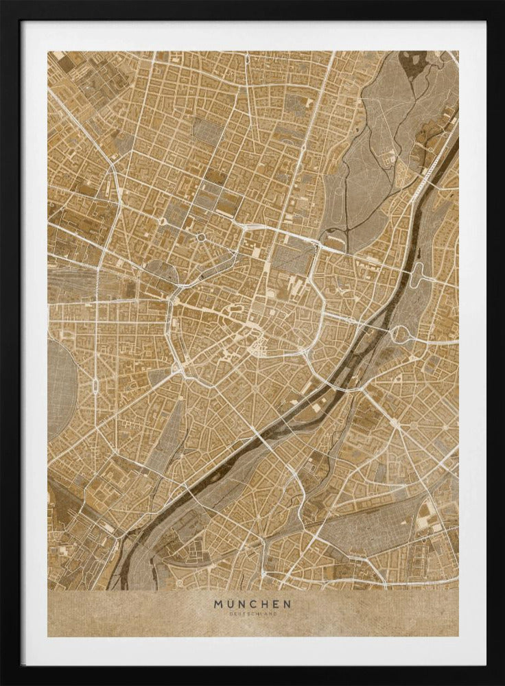 Sepia vintage karta av München innerstad i Tyskland - Poster / Art Print
