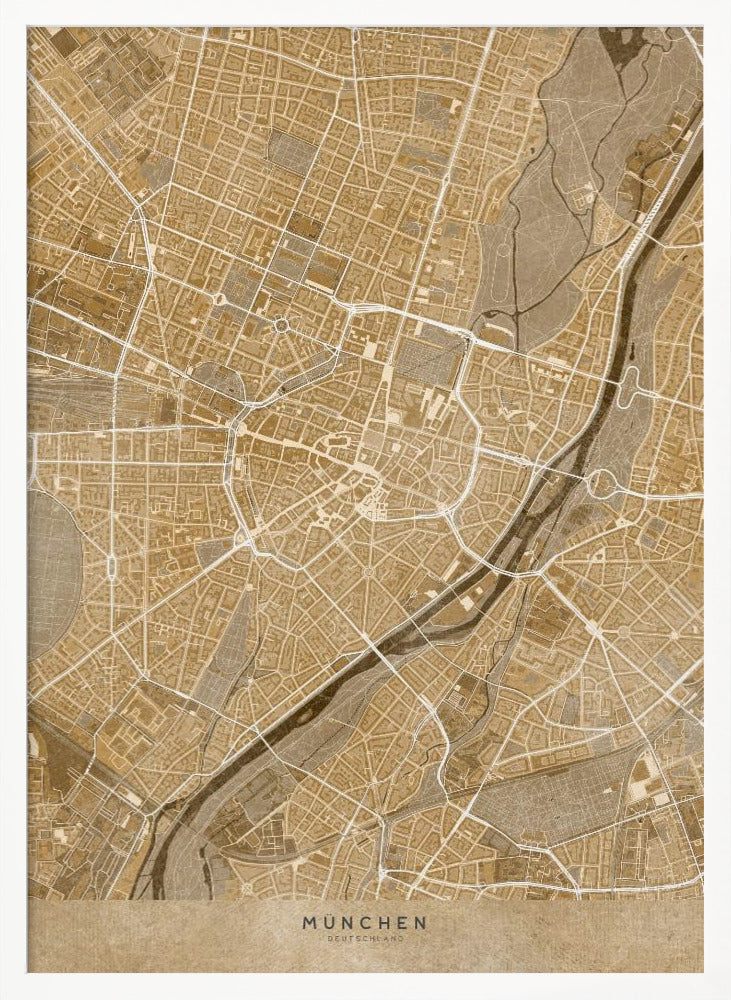 Sepia vintage karta av München innerstad i Tyskland - Poster / Art Print