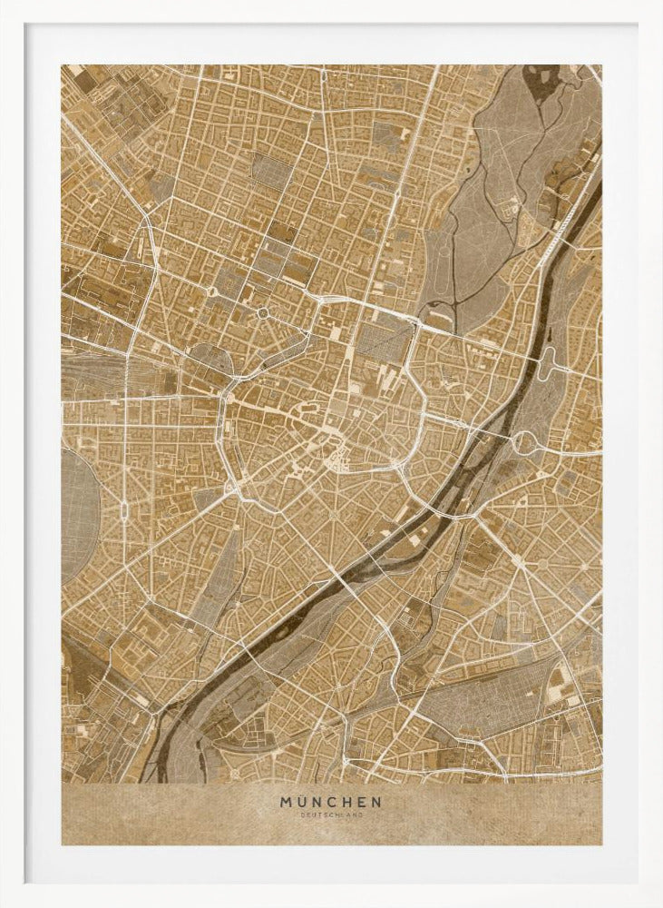 Sepia vintage karta av München innerstad i Tyskland - Poster / Art Print