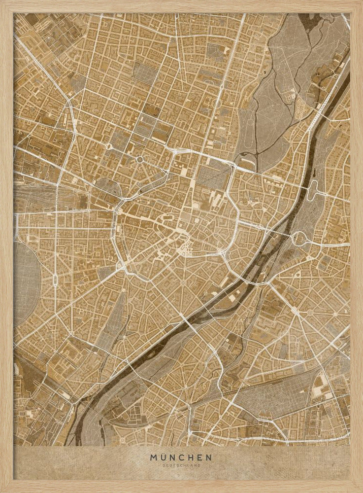 Sepia vintage karta av München innerstad i Tyskland - Poster / Art Print