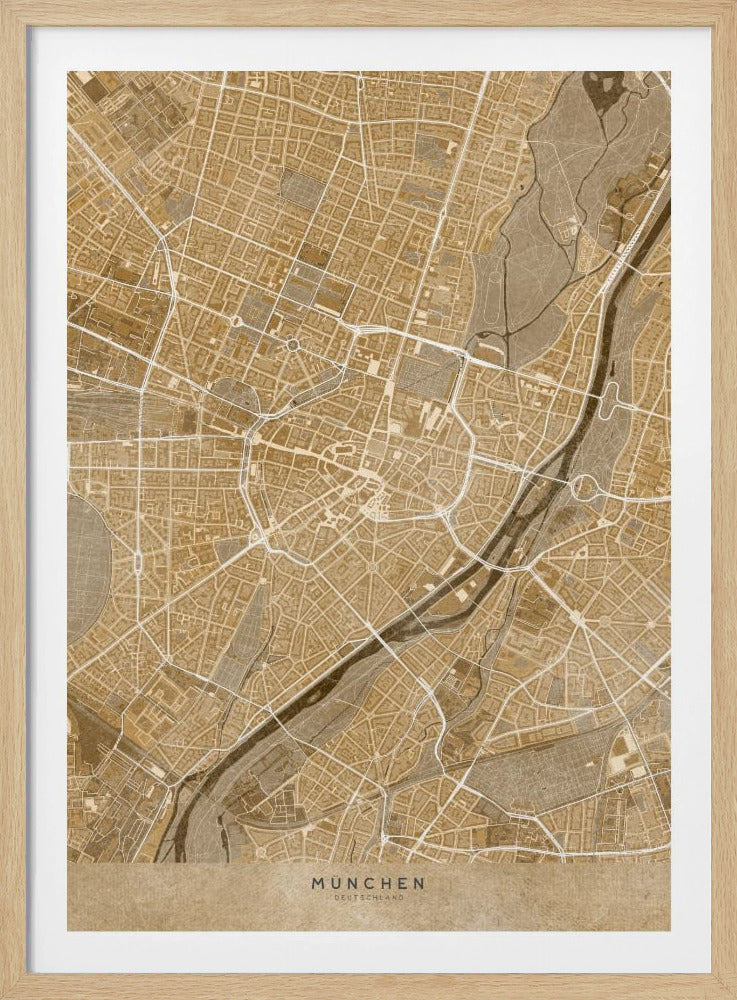 Sepia vintage karta av München innerstad i Tyskland - Poster / Art Print