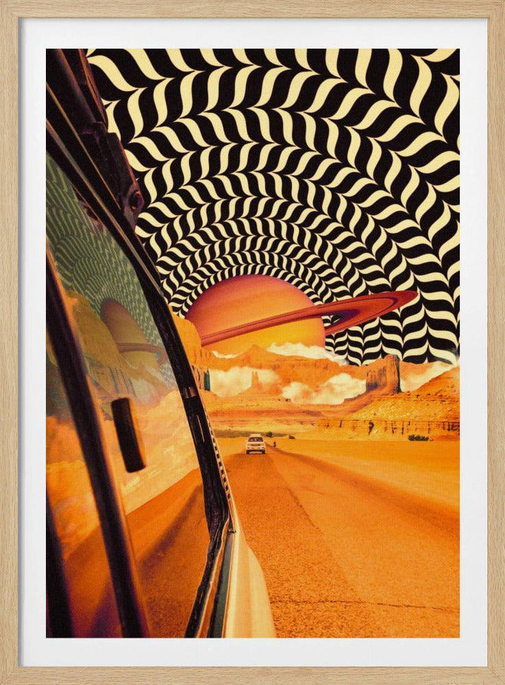 A surreal collage from the perspective of someone in a car, looking out at a desert highway where another car drives into the distance. Above the desert landscape, a large orange ringed planet is visible, and the sky is a black and cream-colored psychedelic, swirling optical illusion pattern. Wall Art