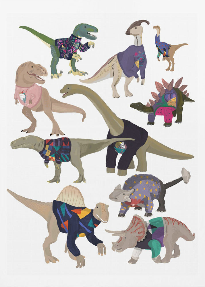 Dinosaurs In 80s Jumpers - Poster / Art Print