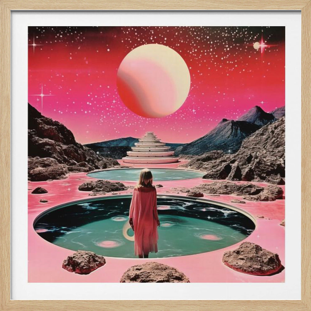 A surreal collage artwork of a woman in a pink dress standing on an alien landscape with a pink ground. She is overlooking circular pools of water that reflect a starry cosmos. In the background are dark mountains, a white tiered structure, and a large pink planet in a vibrant red and pink starry sky. Poster