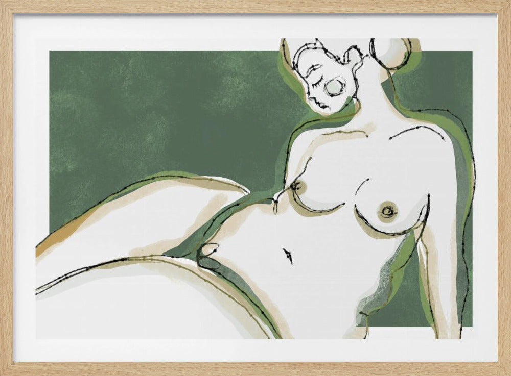 A stylized, abstract line drawing of a nude woman reclining against a solid dark green background. Her body is rendered in shades of white and beige with green shadow accents and is outlined in loose, expressive black ink lines. Her face is in profile with her eyes closed. Poster