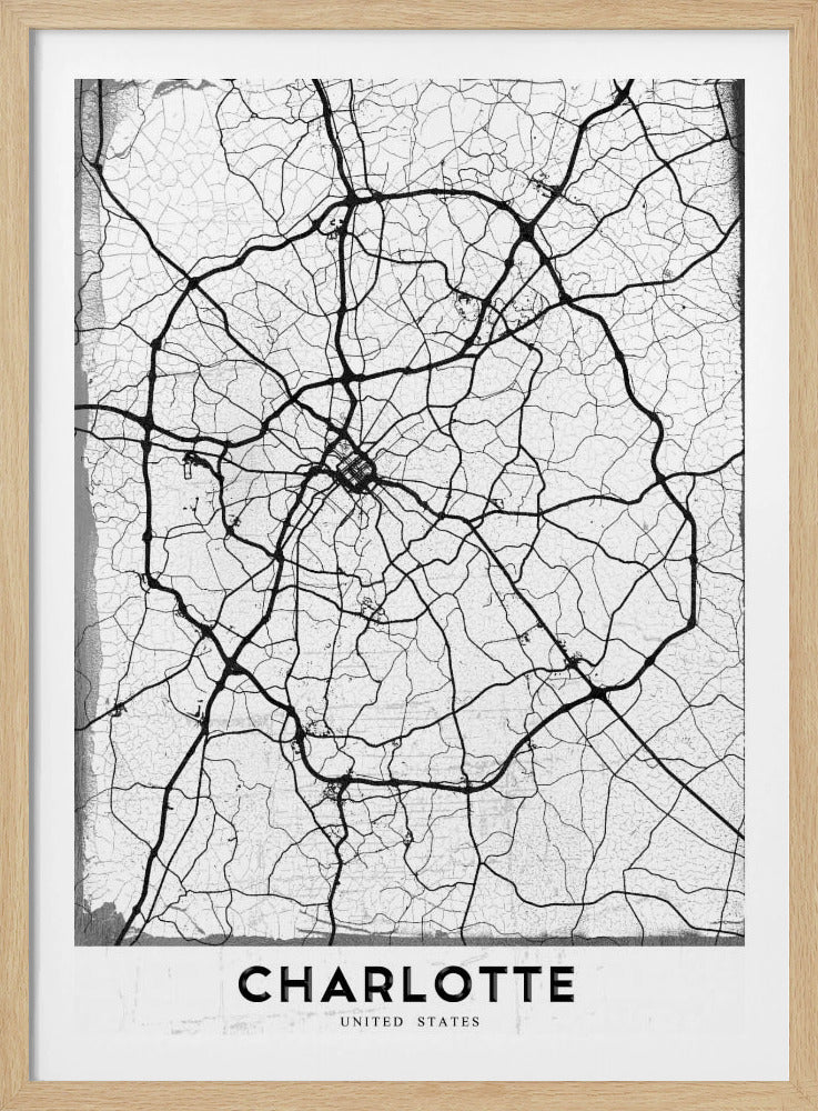 A minimalist black and white street map of Charlotte, North Carolina. The map highlights the major roads and highways as thick black lines on a distressed, crackled white background. The artwork is framed in black with the word 'CHARLOTTE' printed in bold capital letters at the bottom. Poster
