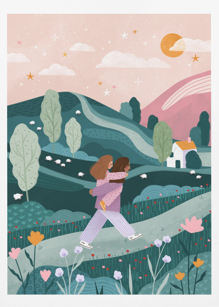 Mummy Daughter Countryside Walk - Poster / Art Print