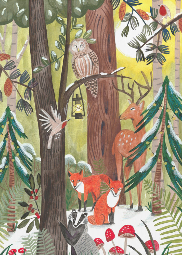 Green Christmas forest with animals - Poster / Art Print