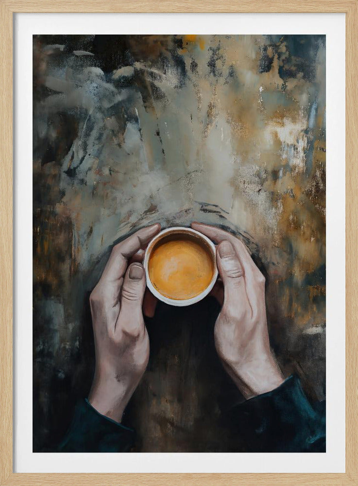 An overhead view painting of two hands cupping a small white mug filled with coffee against a textured, abstract background of brown and grey tones. The artwork is presented in a simple black frame. Print