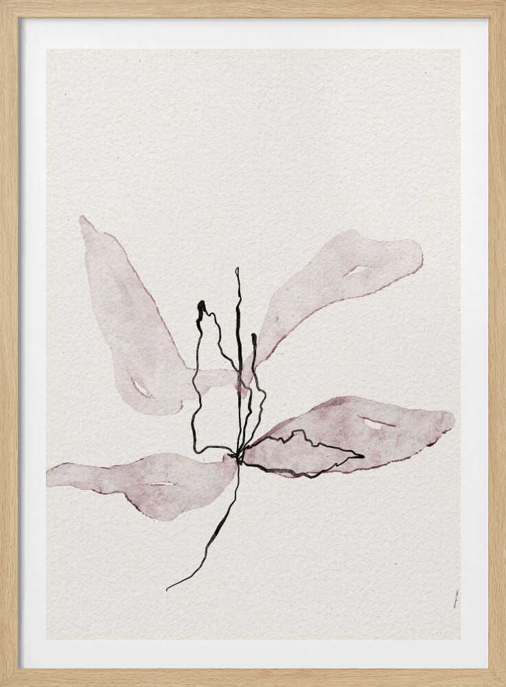 Minimalist ink and watercolor illustration of a delicate purple flower on a white background. Abstract botanical art.