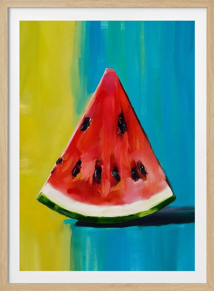 An impressionistic painting of a single, juicy slice of watermelon. The vibrant red flesh and black seeds contrast with a colorful background of bright yellow and deep teal blue, all rendered with visible, expressive brushstrokes and framed in black. Artwork