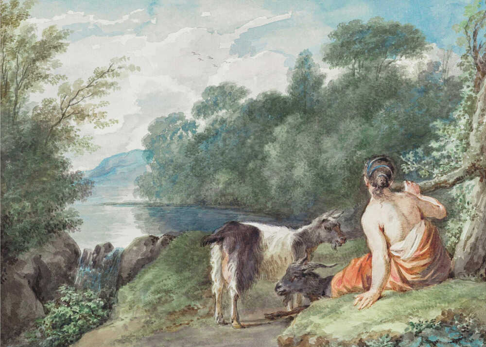 Shepherdess With Goats In a Landscape With a Lake - Poster / Art Print