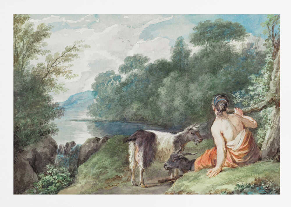 Shepherdess With Goats In a Landscape With a Lake - Poster / Art Print