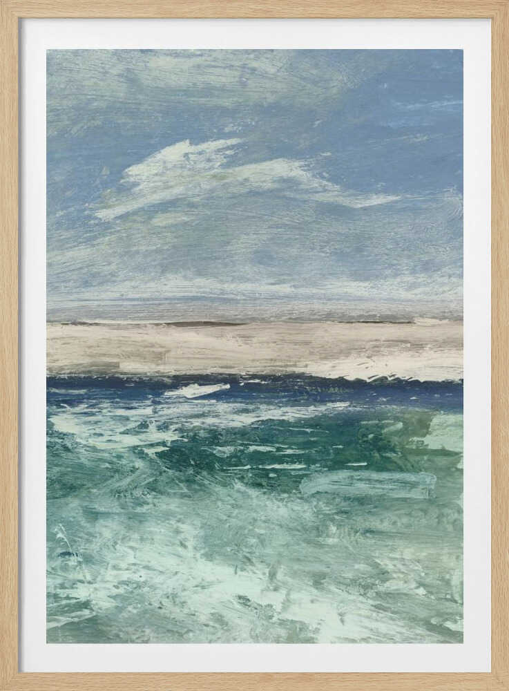 Abstract painting of an ocean scene with a sandy beach under a cloudy blue sky. Modern coastal wall art.