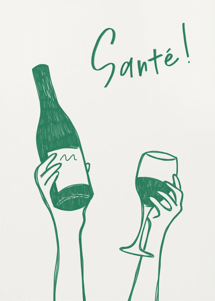 Hands holding a wine bottle and a wine glass with the text "Cheers!" in French - Poster / Art Print
