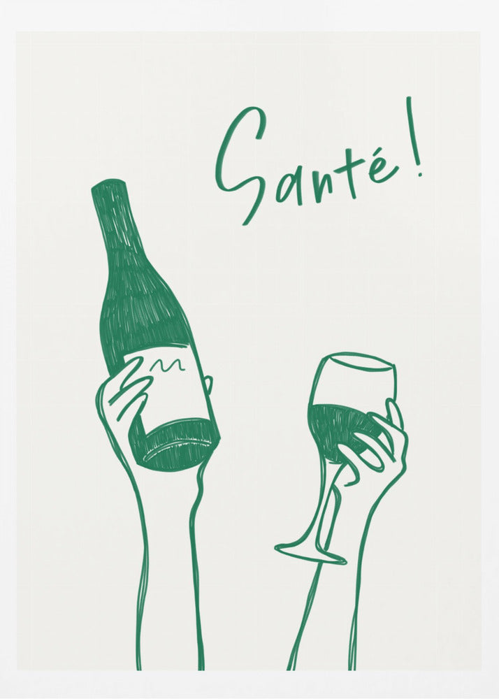 Hands holding a wine bottle and a wine glass with the text "Cheers!" in French - Poster / Art Print