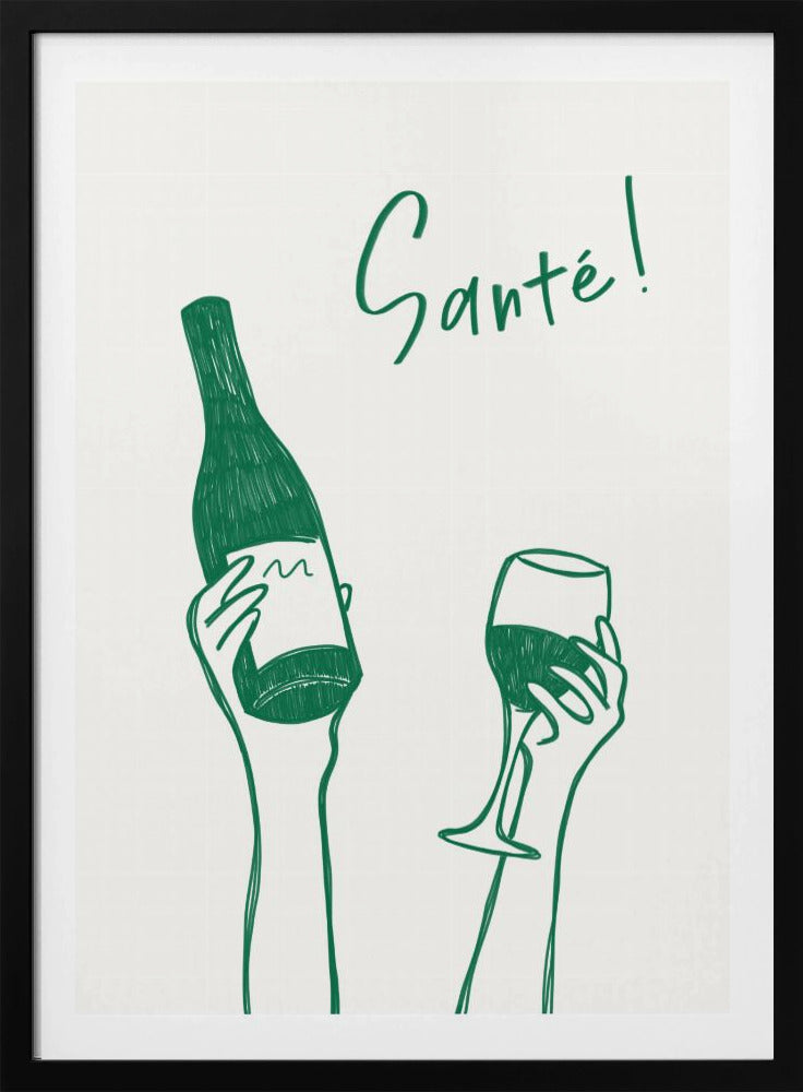 Hands holding a wine bottle and a wine glass with the text "Cheers!" in French - Poster / Art Print