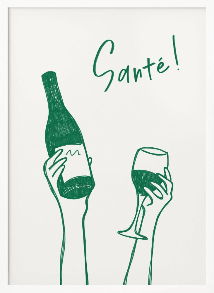 Hands holding a wine bottle and a wine glass with the text "Cheers!" in French - Poster / Art Print