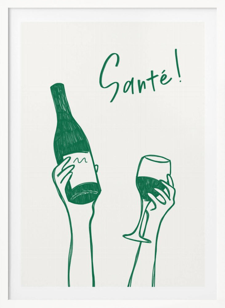 Hands holding a wine bottle and a wine glass with the text "Cheers!" in French - Poster / Art Print