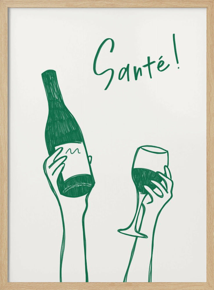 Hands holding a wine bottle and a wine glass with the text "Cheers!" in French - Poster / Art Print