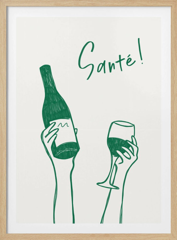 Hands holding a wine bottle and a wine glass with the text "Cheers!" in French - Poster / Art Print