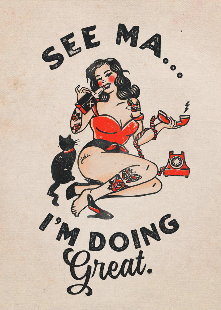 See Ma Poster Funny Vintage Pinup Girl & Cat - Poster / Art Print