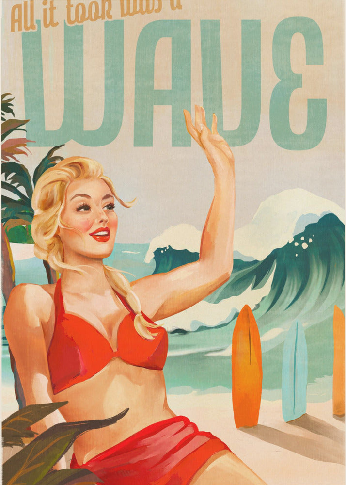 Surfing Pinup Girl On Beach In Bikini - Poster / Art Print