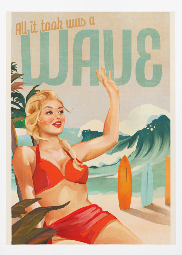 Surfing Pinup Girl On Beach In Bikini - Poster / Art Print