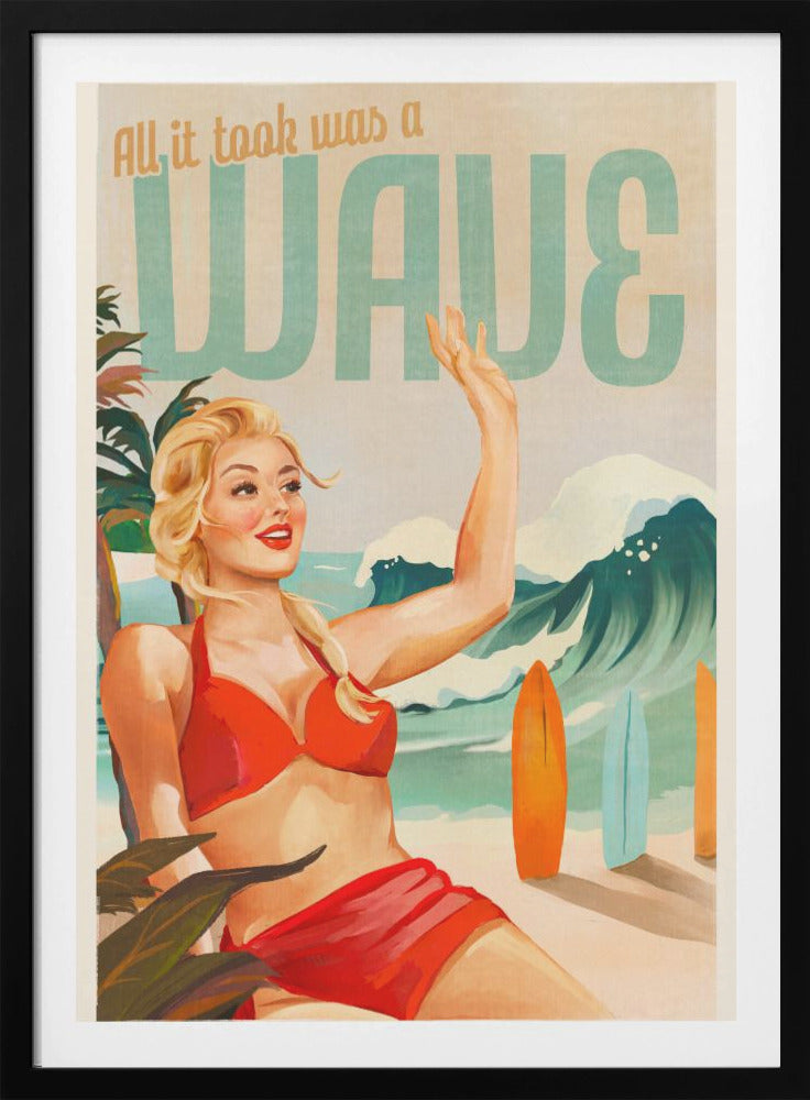 Surfing Pinup Girl On Beach In Bikini - Poster / Art Print