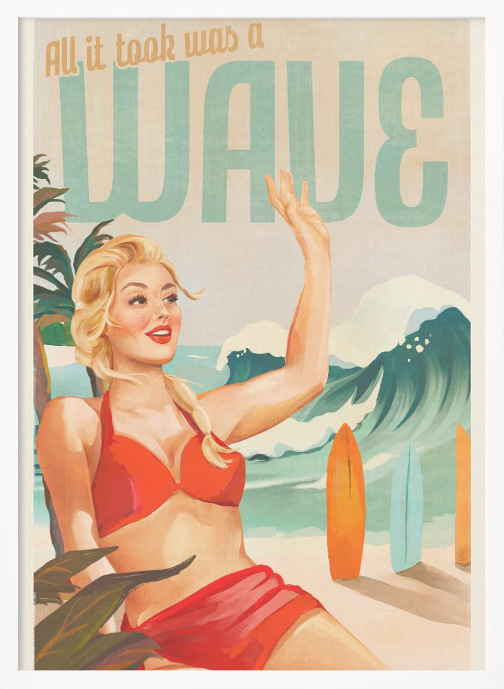 Surfing Pinup Girl On Beach In Bikini - Poster / Art Print