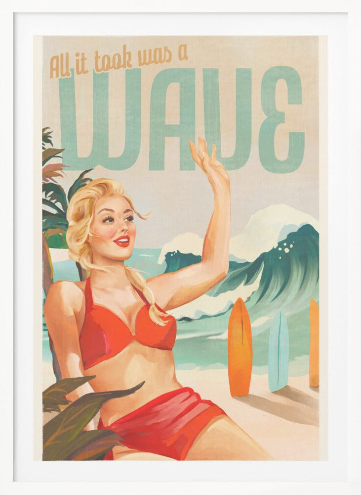 Surfing Pinup Girl On Beach In Bikini - Poster / Art Print