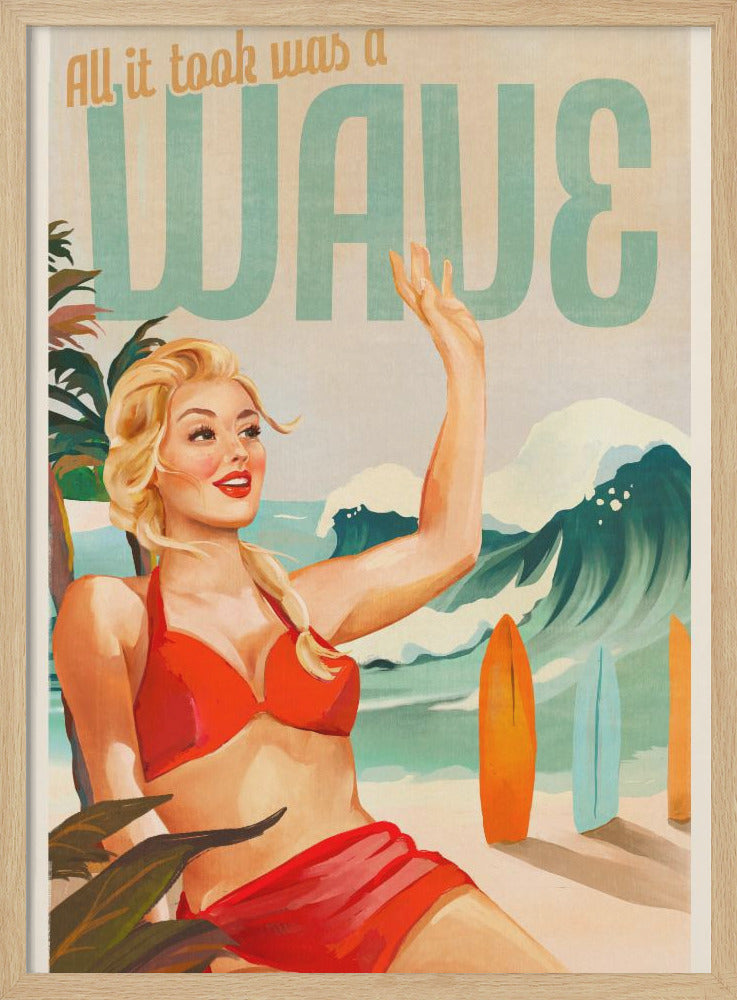 Surfing Pinup Girl On Beach In Bikini - Poster / Art Print