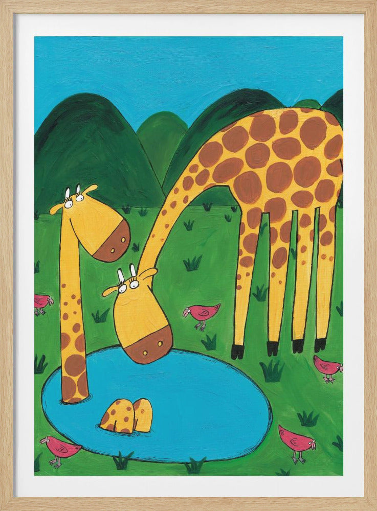 Mommy with Baby Giraffe in a Watering Hole by Artist Carla Daly - Poster / Art Print