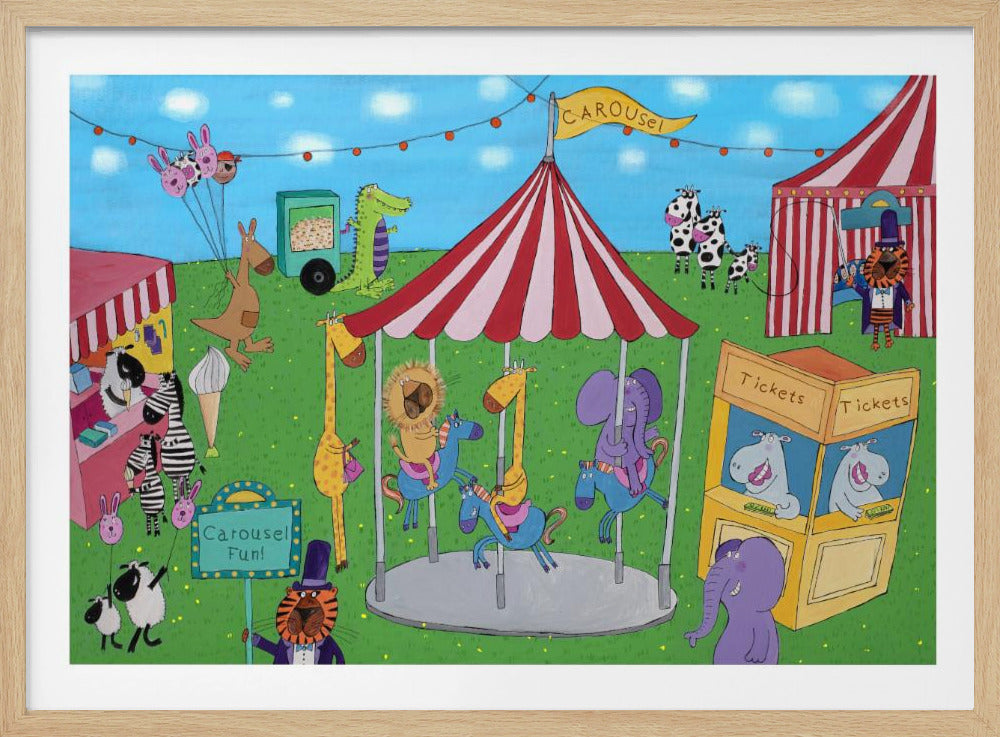 Welcome to the Carousel with Funny Animals by Artist Carla Daly - Poster / Art Print